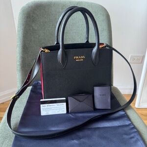 Prada Small Bibliothèque Saffiano Leather Crossbody Bag Red Sides- Dust Bag+Card